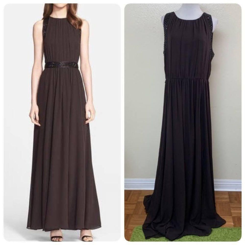 St. John Embellished Silk Georgette Evening Gown Plus Size 14 Brown $1795